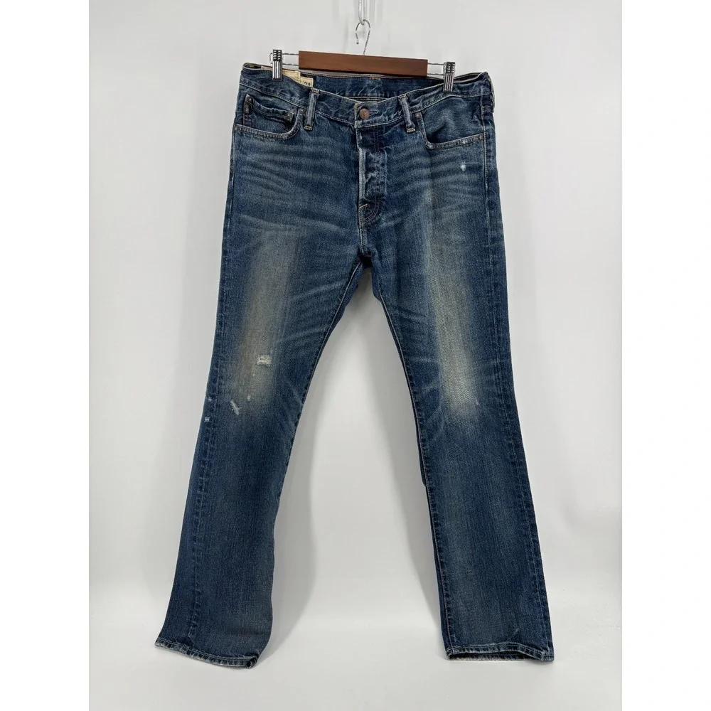 Abercrombie & Fitch Mens Blue Denim Classic Straight Distressed Jeans 34x32